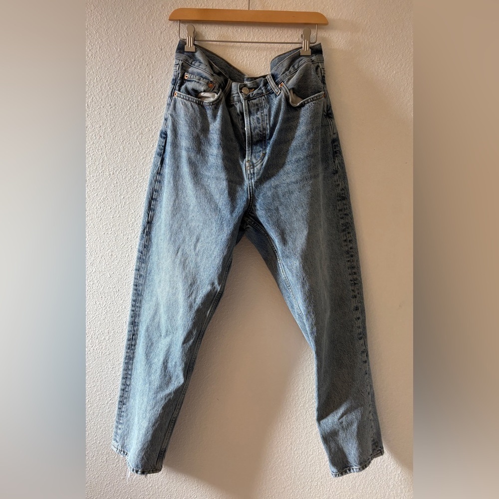 Topshop Womens Straight Leg Jeans High Rise Button Fly Baggy Skater Blue Size 30